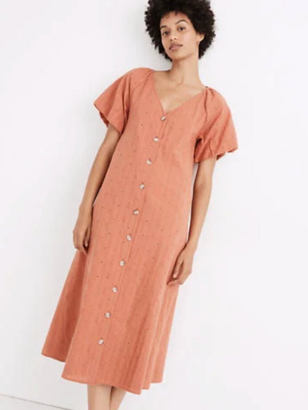 Madewell Embroidered Eyelet Bubble-sleeve Button-Up Midi Dress, Burnt Orange, S
